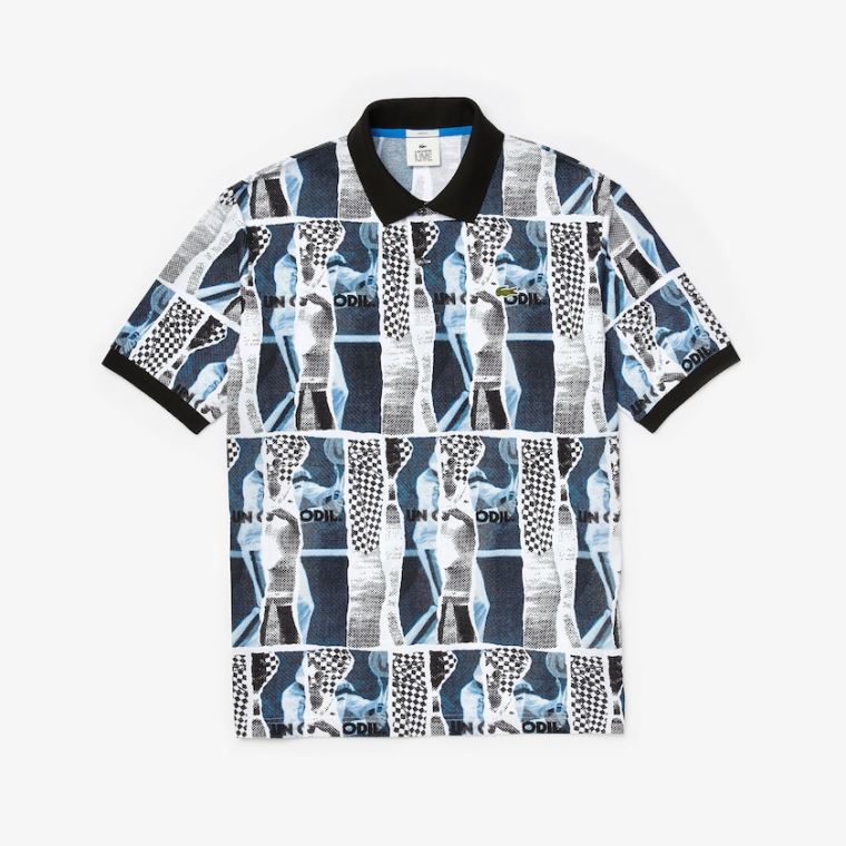 Lacoste LIVE Loose Fit Graphic Print Bomulds Polo Shirt Hvide Blå Hvide | N6B9k8Eu