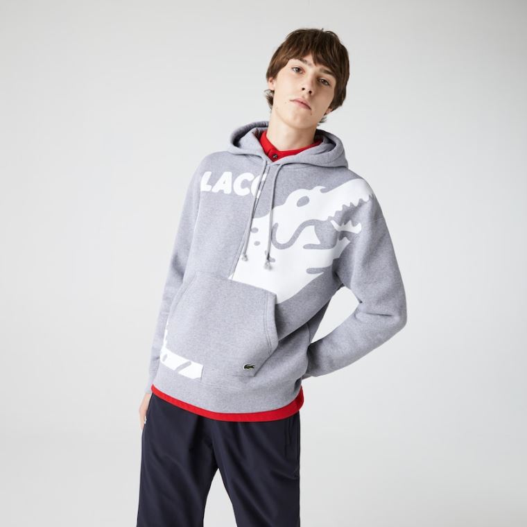 Lacoste LIVE Loose Fit Hætte Print Fleece Sweatshirt Grå Hvide | AChLrICA