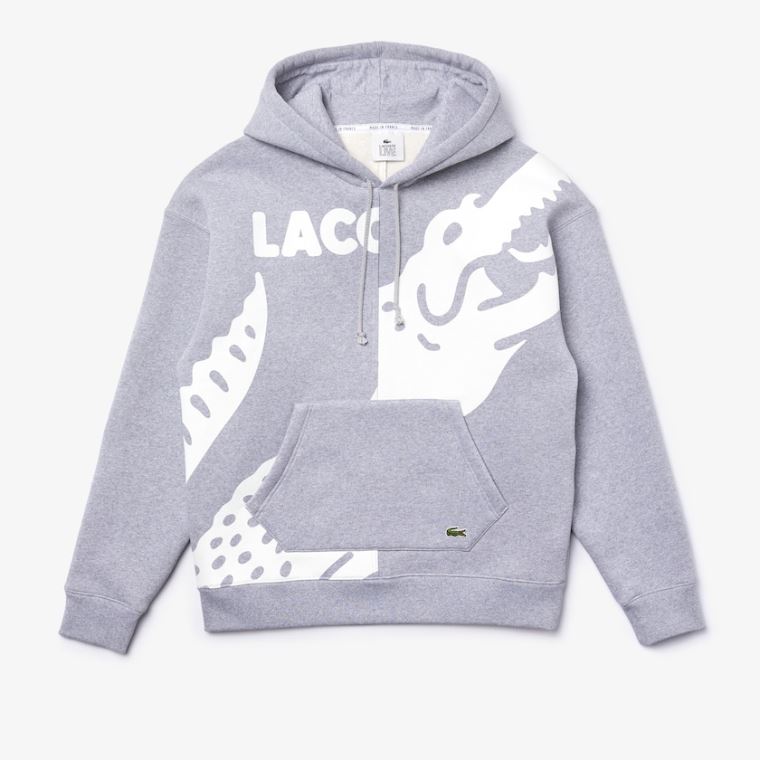 Lacoste LIVE Loose Fit Hætte Print Fleece Sweatshirt Grå Hvide | AChLrICA