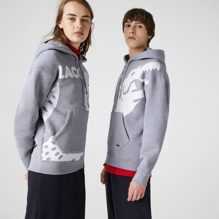 Lacoste LIVE Loose Fit Hætte Print Fleece Sweatshirt Grå Hvide | AChLrICA