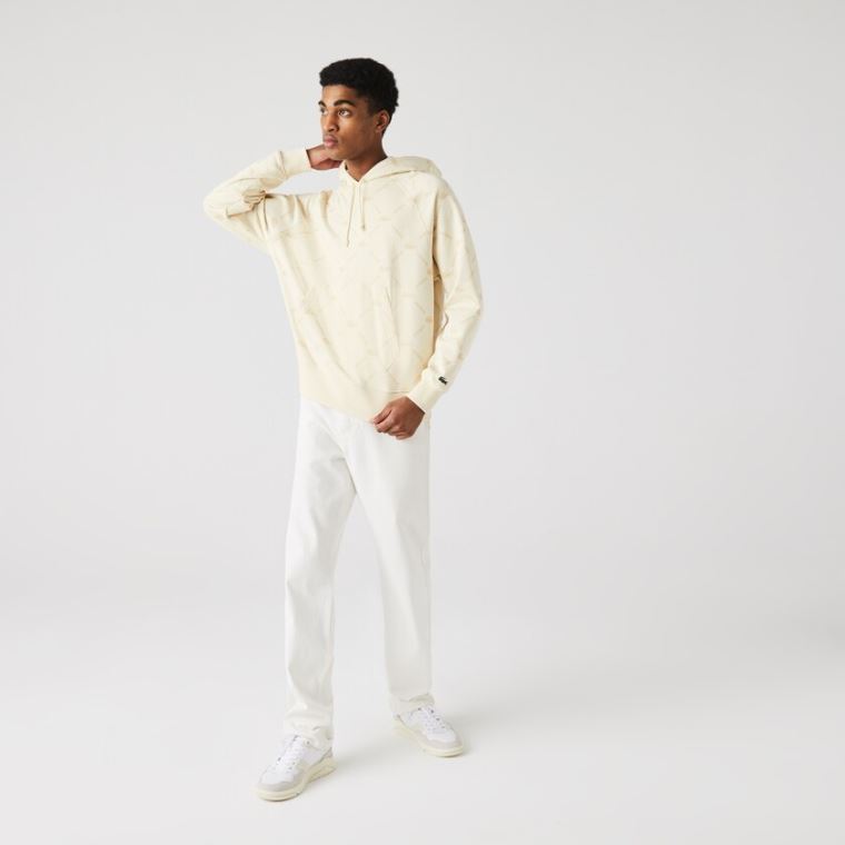 Lacoste LIVE Relaxed Fit Hætte Monogram Bomulds Sweatshirt Beige | DcryEgUA