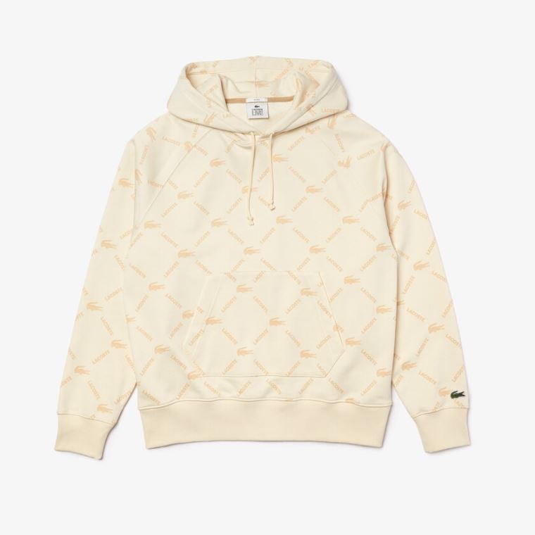 Lacoste LIVE Relaxed Fit Hætte Monogram Bomulds Sweatshirt Beige | DcryEgUA