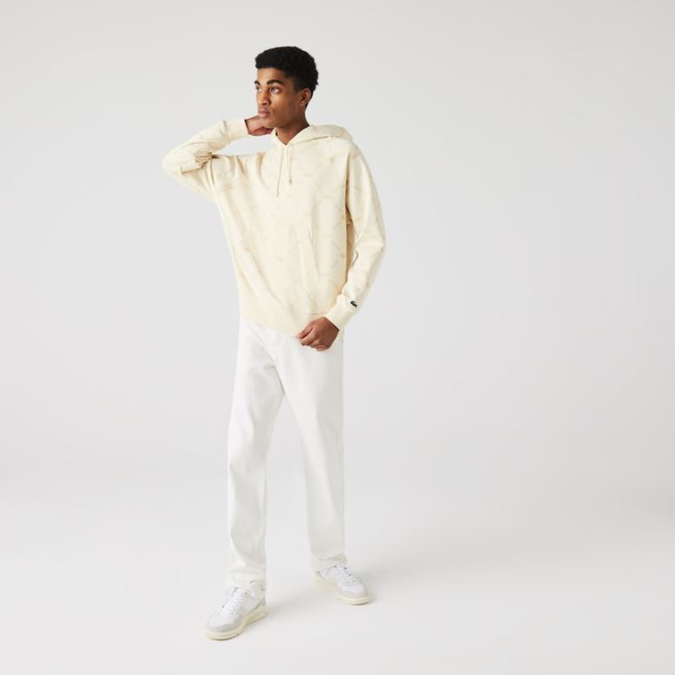 Lacoste LIVE Relaxed Fit Hætte Monogram Bomulds Sweatshirt Beige | SmKorKwP