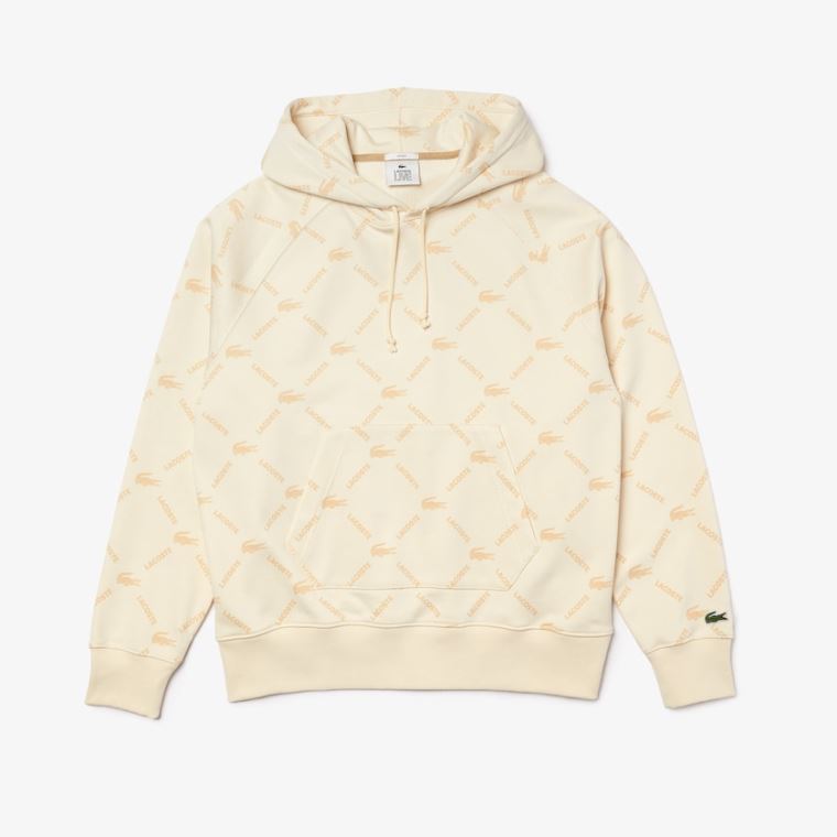 Lacoste LIVE Relaxed Fit Hætte Monogram Bomulds Sweatshirt Beige | SmKorKwP