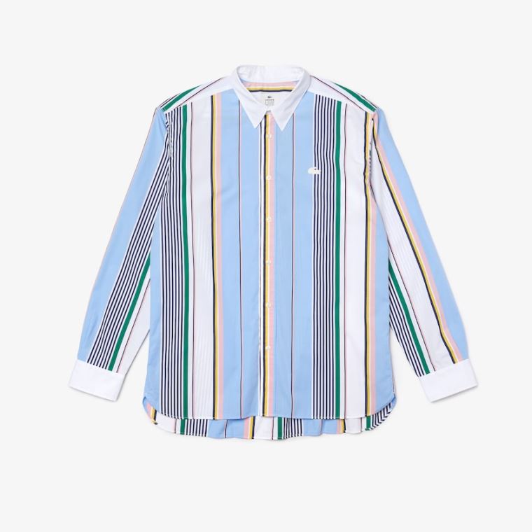 Lacoste LIVE Relaxed Fit Mismatched-Stripe Bomulds Shirt Blå Hvide | dN59RgMX