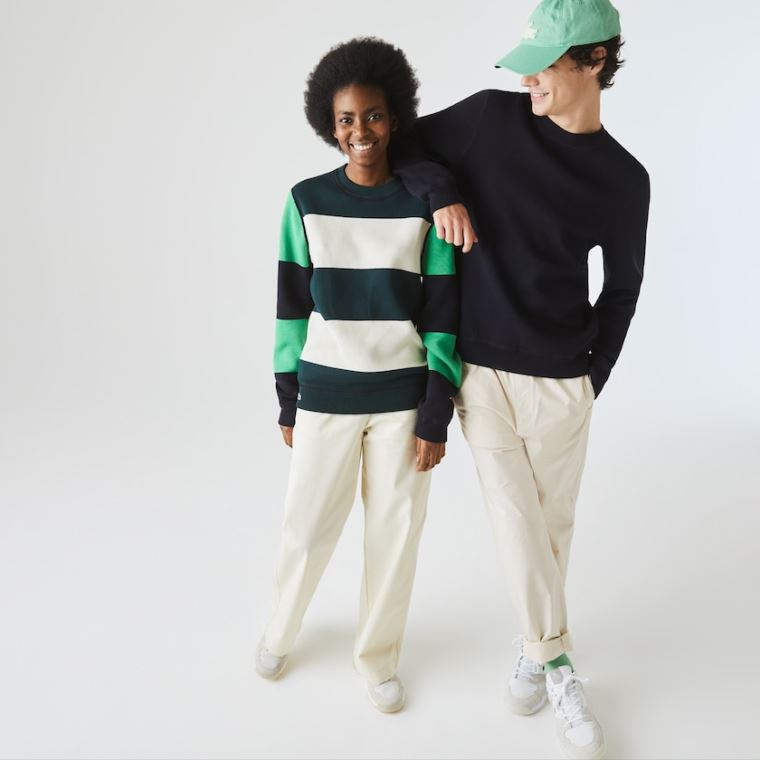 Lacoste LIVE Reversible Bomulds Sweater Mørkeblå Blå Hvide | 1cJSTmVg