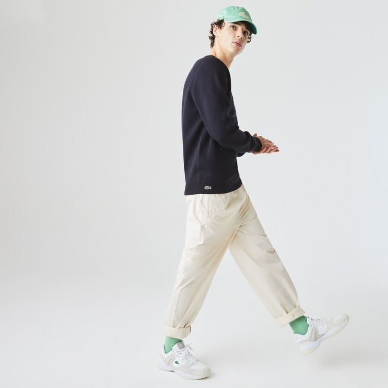 Lacoste LIVE Reversible Bomulds Sweater Mørkeblå Blå Hvide | JriIPUKN