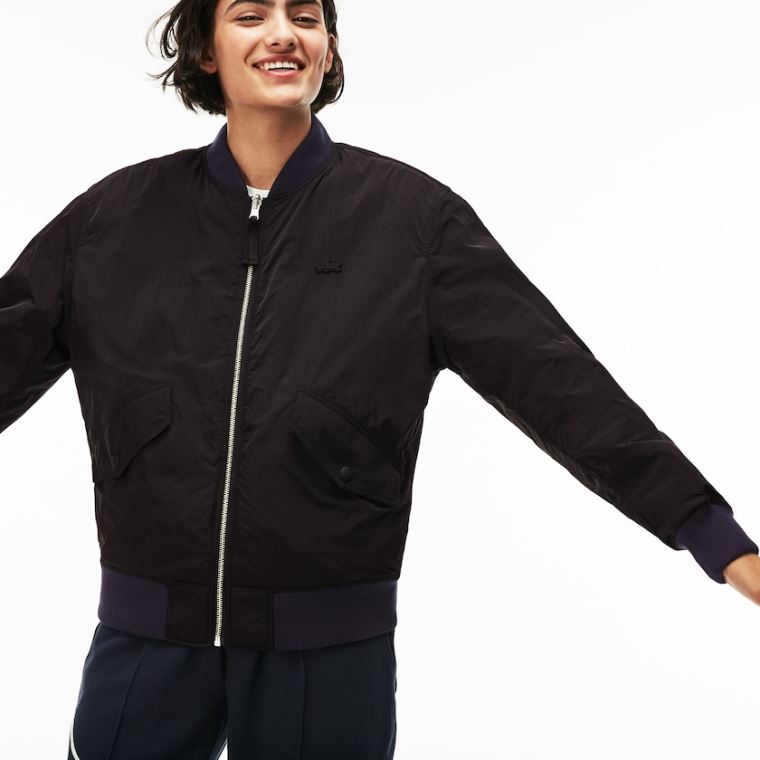 Lacoste LIVE Reversible Nylon And Fleece Bomber Jacket Sort Blå | 2BJJRapX