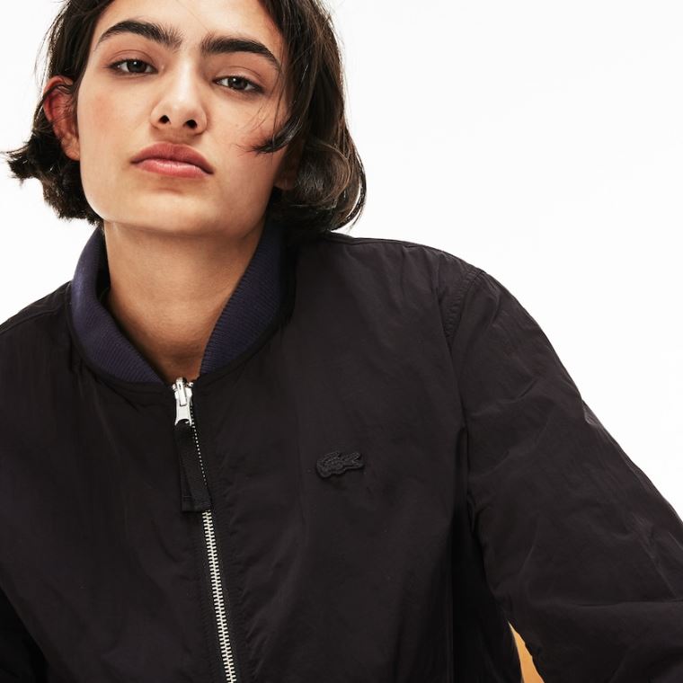 Lacoste LIVE Reversible Nylon And Fleece Bomber Jacket Sort Blå | 2BJJRapX