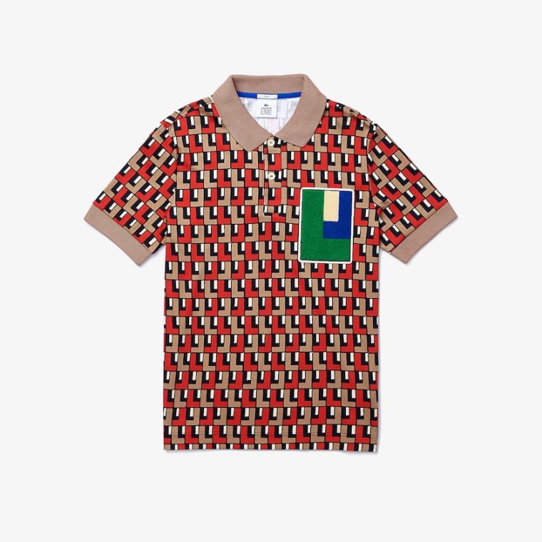 Lacoste LIVE Standard-Fit Printed Bomulds Polo Beige Rød | DUDPiXKm