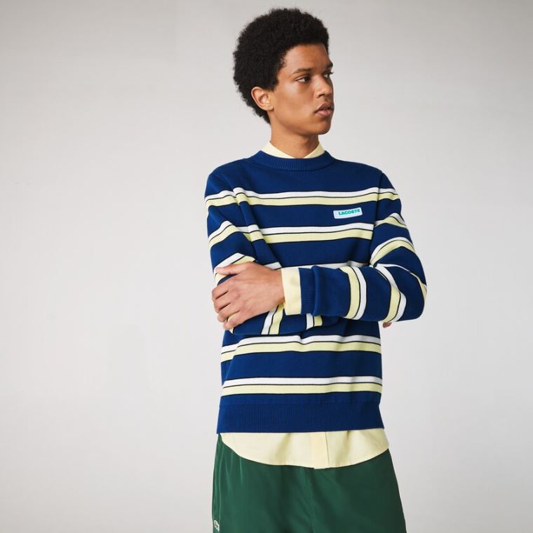 Lacoste LIVE Striped Bomulds Crew Neck Sweater Blå Hvide | Mbq9EkW1