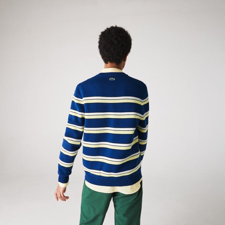 Lacoste LIVE Striped Bomulds Crew Neck Sweater Blå Hvide | Mbq9EkW1