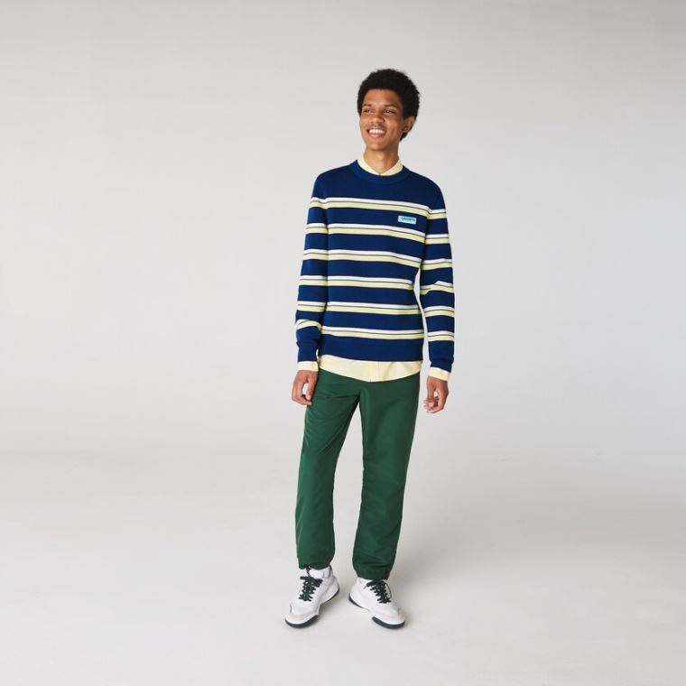 Lacoste LIVE Striped Bomulds Crew Neck Sweater Blå Hvide | Mbq9EkW1