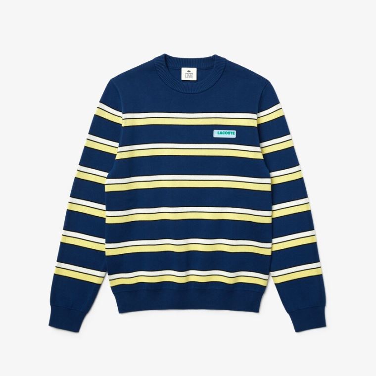 Lacoste LIVE Striped Bomulds Crew Neck Sweater Blå Hvide | Mbq9EkW1