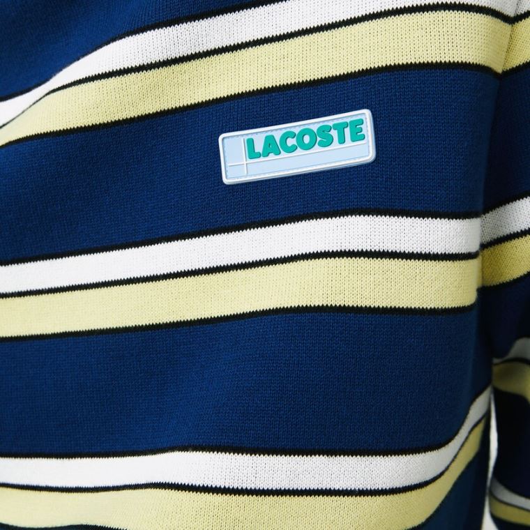 Lacoste LIVE Striped Bomulds Crew Neck Sweater Blå Hvide | Mbq9EkW1