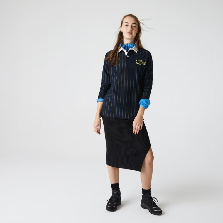 Lacoste LIVE Striped Bomulds Polo Shirt Sort Blå | N1E1ssdJ