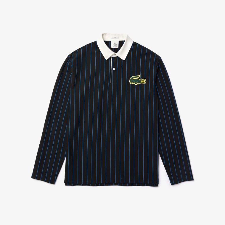 Lacoste LIVE Striped Bomulds Polo Shirt Sort Blå | N1E1ssdJ