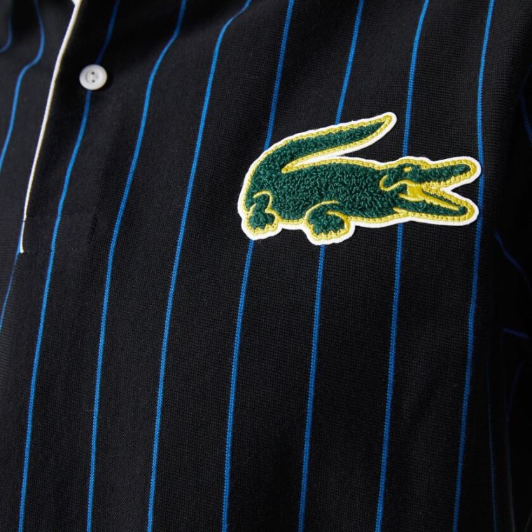 Lacoste LIVE Striped Bomulds Polo Shirt Sort Blå | N1E1ssdJ