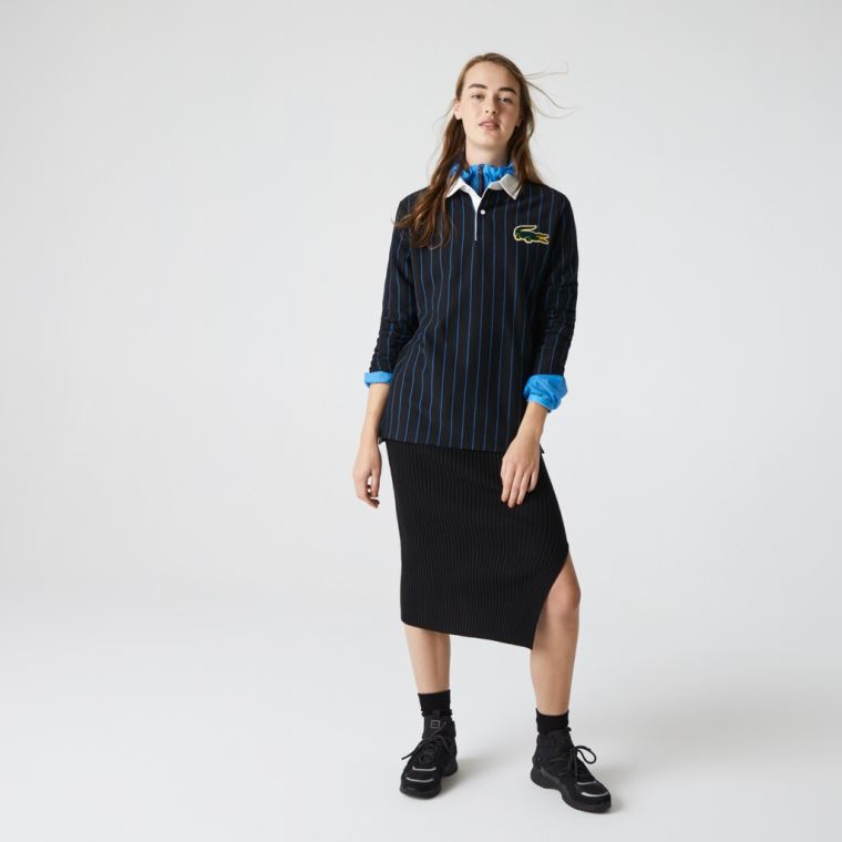 Lacoste LIVE Striped Bomulds Polo Shirt Sort Blå | ZrupcjAR