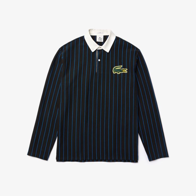 Lacoste LIVE Striped Bomulds Polo Shirt Sort Blå | ZrupcjAR