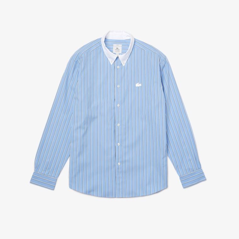 Lacoste LIVE Striped Bomulds Shirt Blå Hvide | 7Rim85Eo