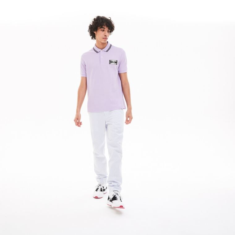 Lacoste LIVE Striped-Collar Bomulds Piqué Polo Shirt Lilla Sort | nZLmpWQH