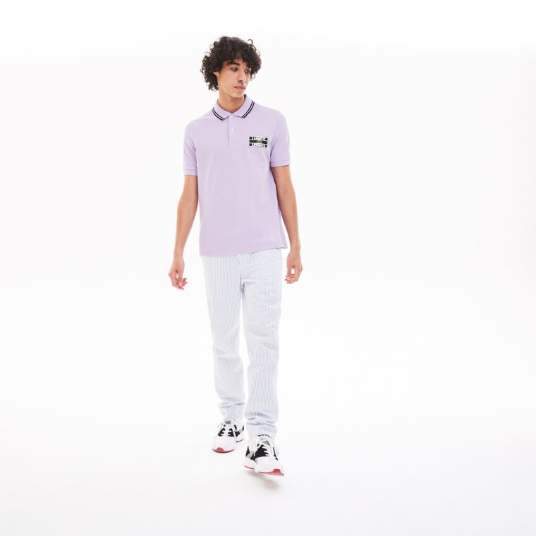 Lacoste LIVE Striped-Collar Bomulds Piqué Polo Shirt Lilla Sort | zGOF8BJj