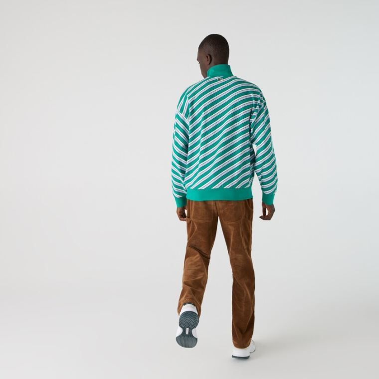 Lacoste LIVE Striped Stand-Up Collar Bomulds Sweatshirt Grøn Hvide | 8GQrlsZA