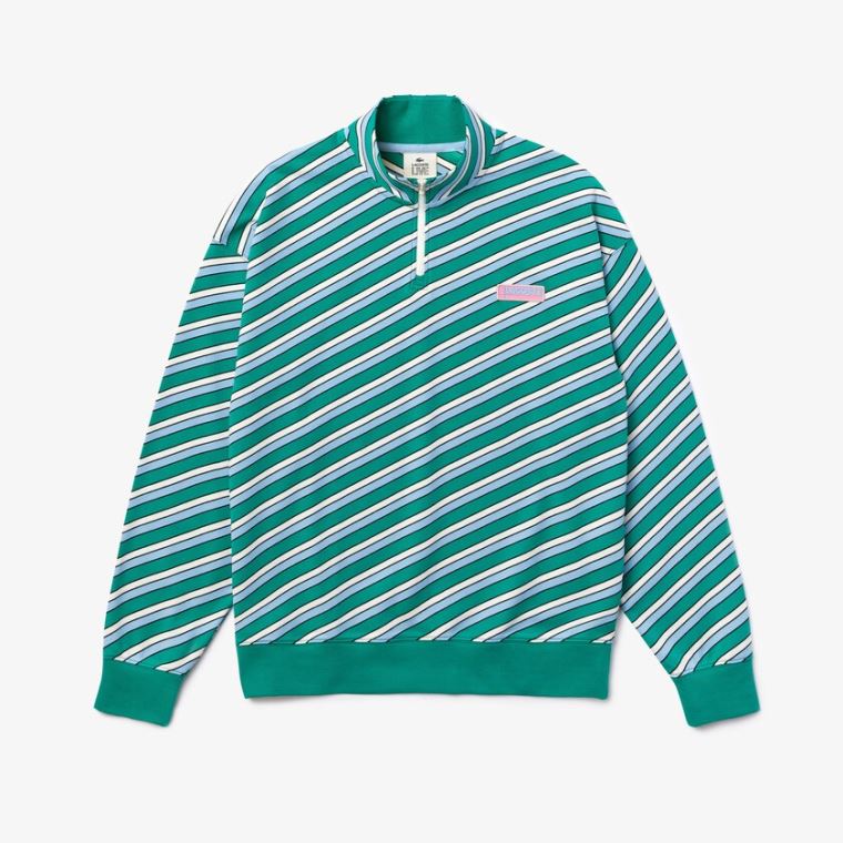 Lacoste LIVE Striped Stand-Up Collar Bomulds Sweatshirt Grøn Hvide | 8GQrlsZA