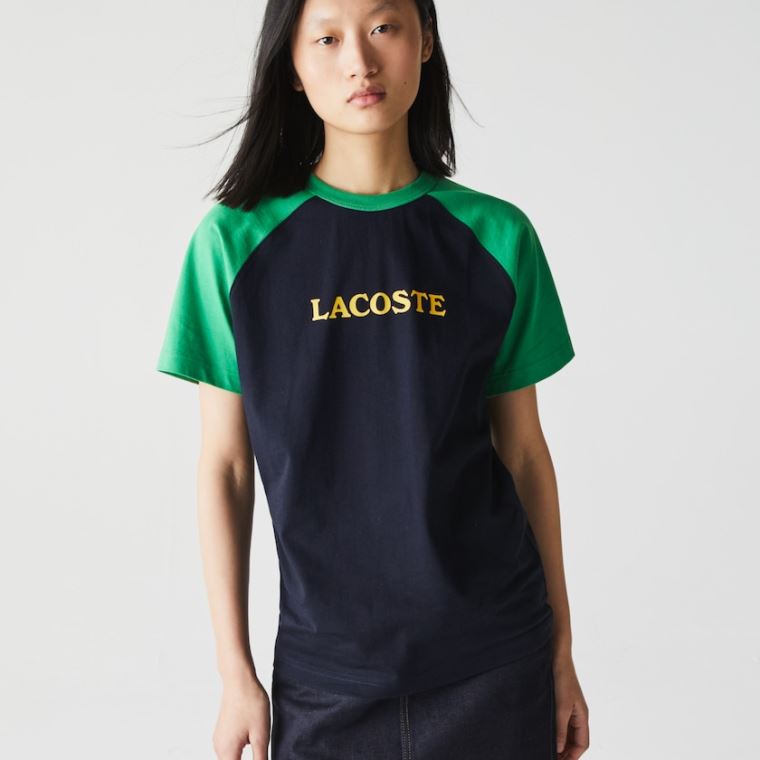 Lacoste LIVE Two-Tone Bomulds T-shirt Mørkeblå Blå Grøn | MZF6UcJ3