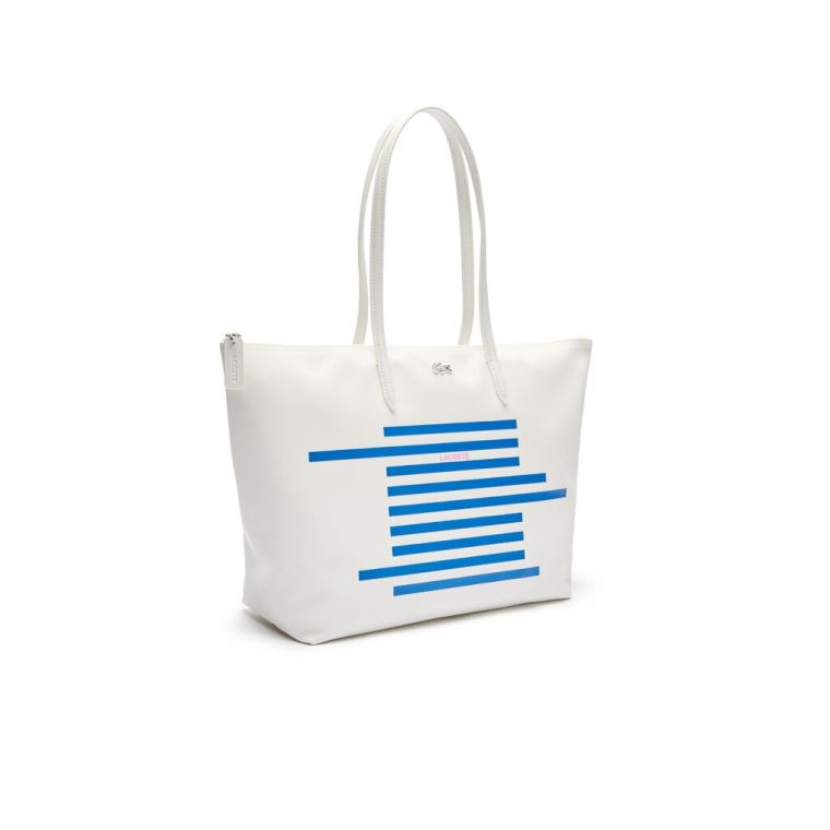 Lacoste L.12.12 Nautical Stripes Large Coated Canvas Tote Bag Hvide Blå | 5F3aNGXY