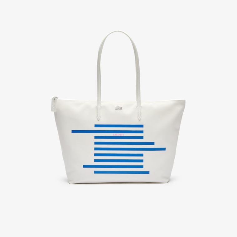 Lacoste L.12.12 Nautical Stripes Large Coated Canvas Tote Bag Hvide Blå | 5F3aNGXY