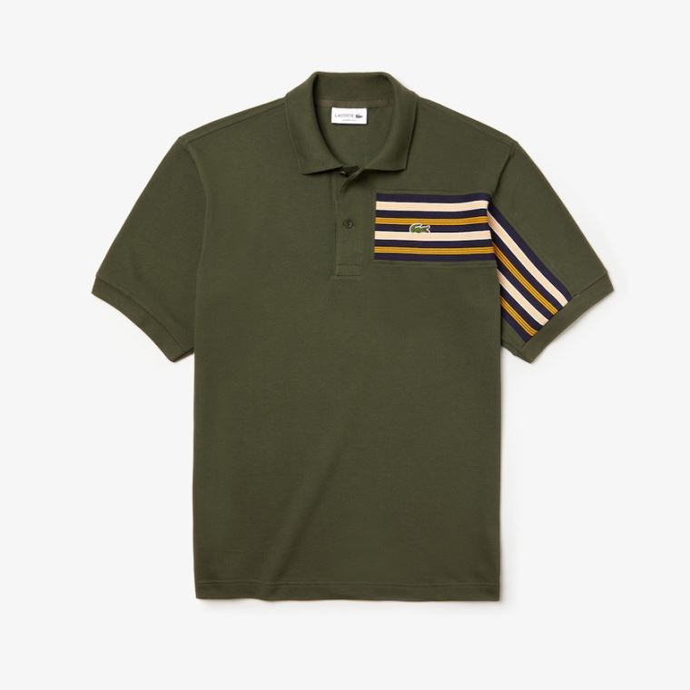 Lacoste L.12.12 Off-Center Stripe Bomulds Piqué Polo Khaki Grøn | QO1Zd2EA