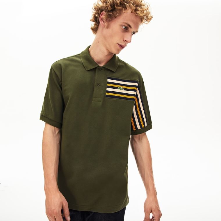 Lacoste L.12.12 Off-Center Stripe Bomulds Piqué Polo Khaki Grøn | QO1Zd2EA