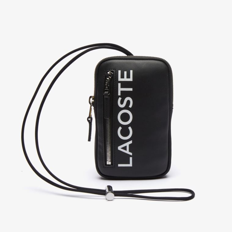 Lacoste L.12.12 Smooth Læder Necklace Phone Wallet Sort Hvide | iknVHYJf