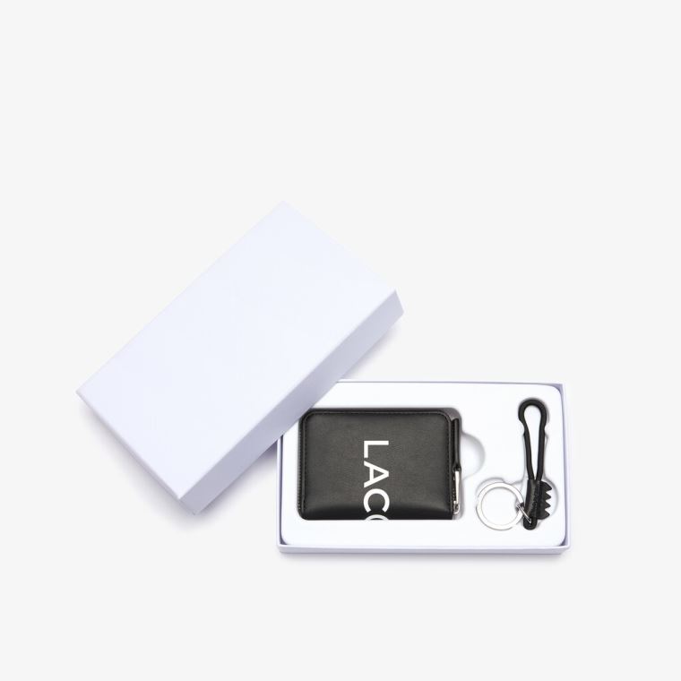 Lacoste L.12.12 Smooth Læder Wallet And Key Chain Gift Box Sort Hvide | W1KNEAiF