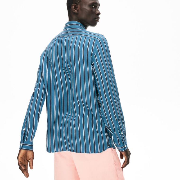 Lacoste Lette Striped Shirt Mørkeblå Blå Hvide | 7cQX4NqW