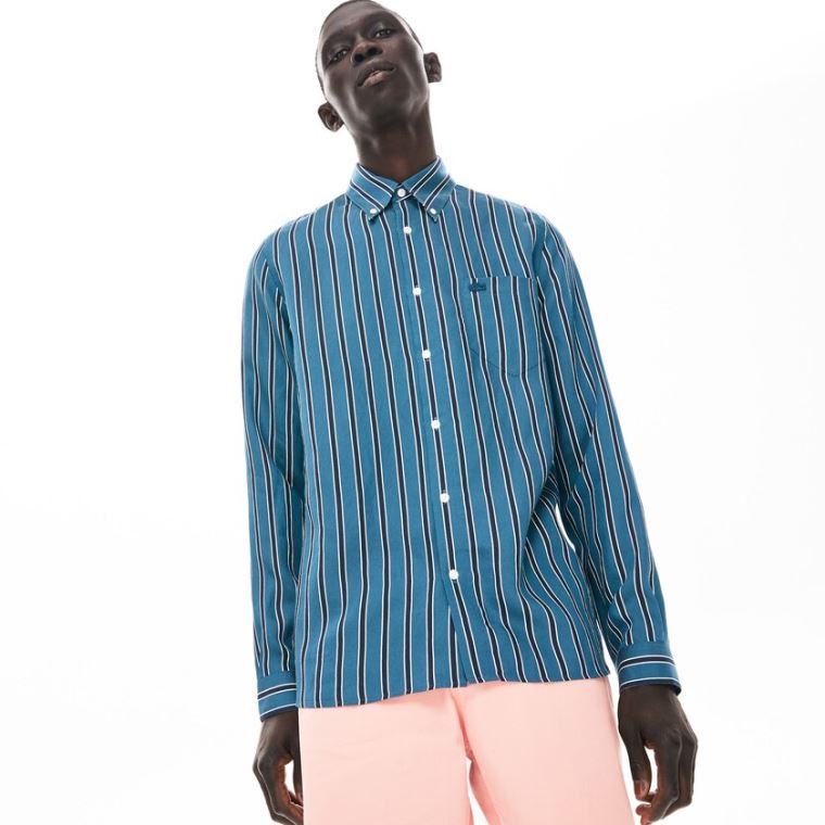 Lacoste Lette Striped Shirt Mørkeblå Blå Hvide | 7cQX4NqW