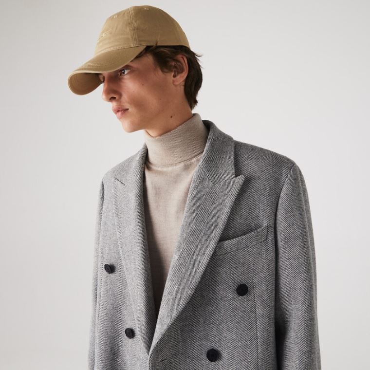 Lacoste Long Double-Breasted Herringbone Wool Coat Hvide Grå | vZk4pWW3