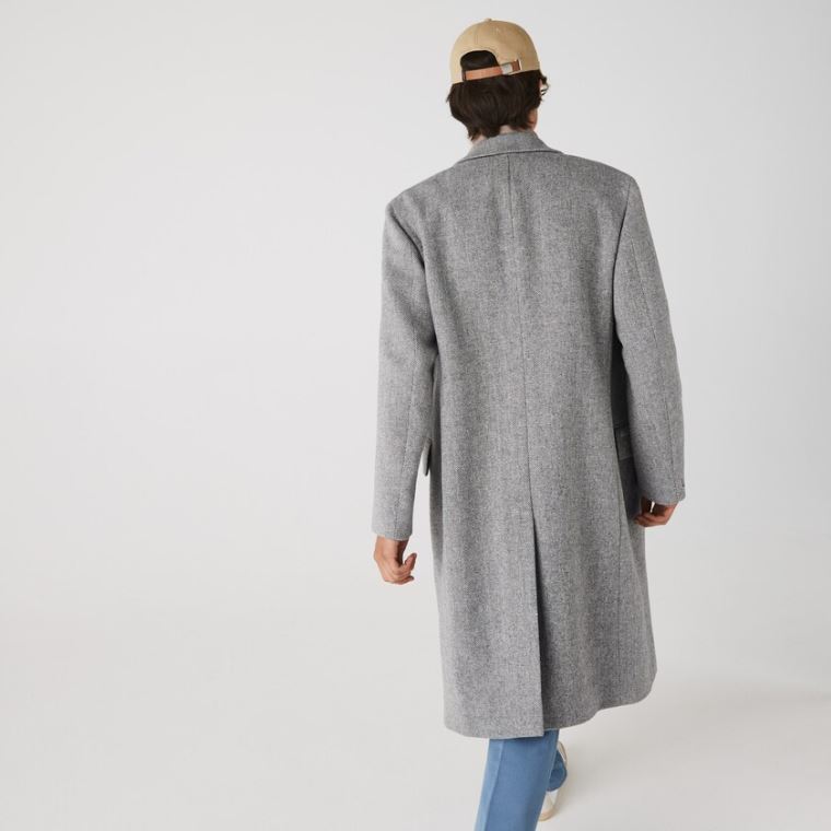 Lacoste Long Double-Breasted Herringbone Wool Coat Hvide Grå | vZk4pWW3