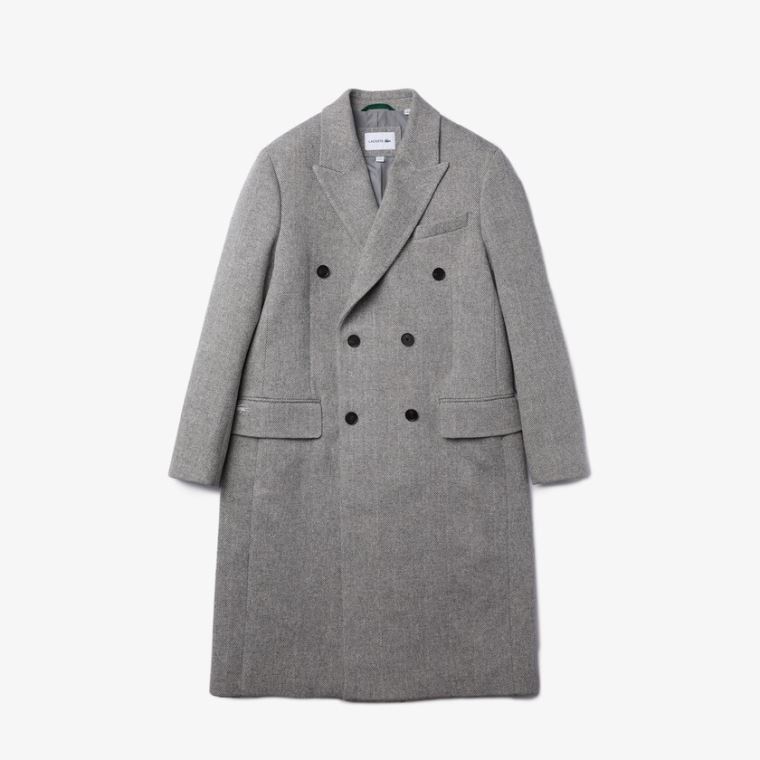 Lacoste Long Double-Breasted Herringbone Wool Coat Hvide Grå | vZk4pWW3