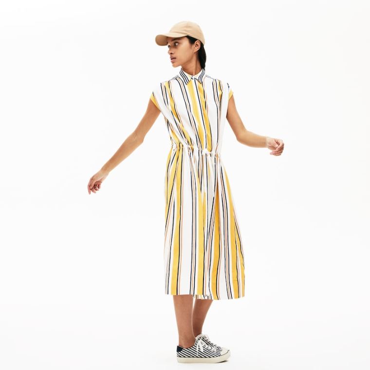 Lacoste Long Striped Shirtdress Hvide Mørkeblå Blå Gul Lysebrune | XXR5QpEa