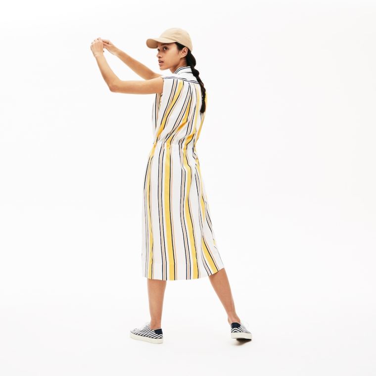 Lacoste Long Striped Shirtdress Hvide Mørkeblå Blå Gul Lysebrune | XXR5QpEa