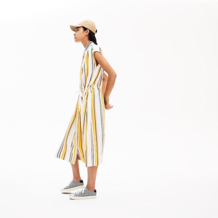 Lacoste Long Striped Shirtdress Hvide Mørkeblå Blå Gul Lysebrune | XXR5QpEa