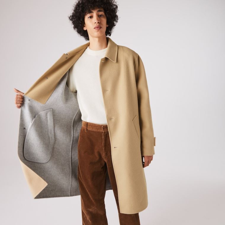 Lacoste Long Wool Blend Straight Cut Coat Beige Grå | NrXcgHmR