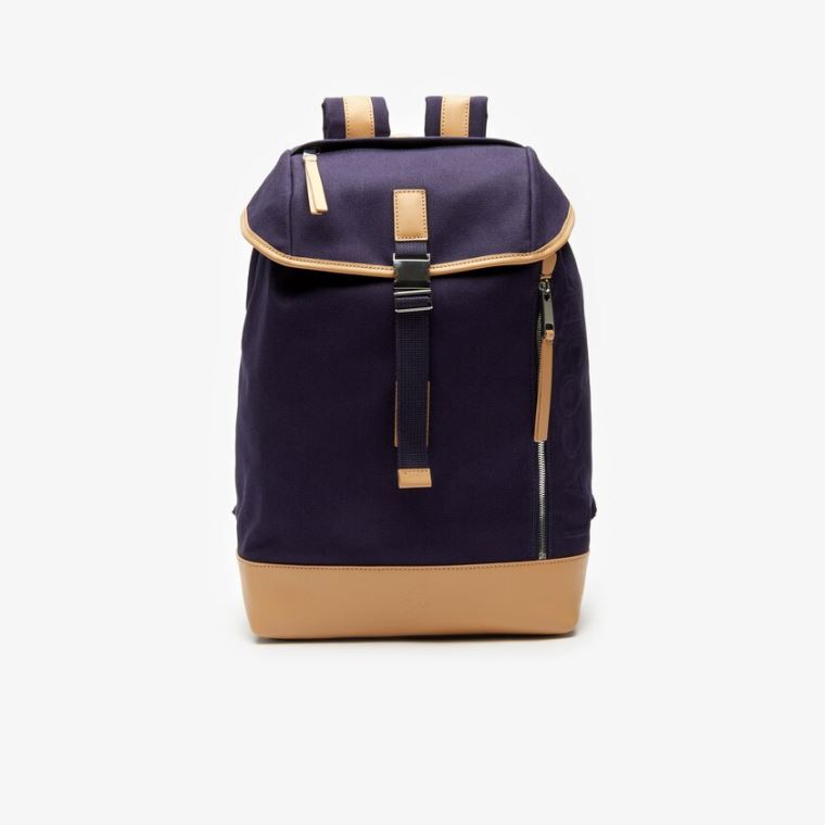 Lacoste Læder Finishes Bomulds Flap Backpack Mørkeblå Brune | lAtzdMQW