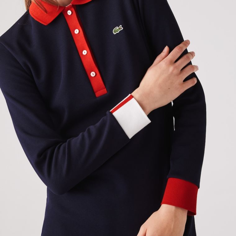 Lacoste Made In France Stretch Bomulds Jersey Polo Kjole Mørkeblå Blå Rød Hvide | X7b0GcqC