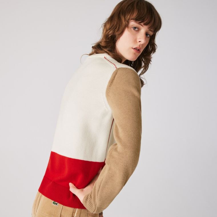 Lacoste Made in France Crew Neck Colourblock Wool Sweater Rød Hvide Beige | s8ChXOip