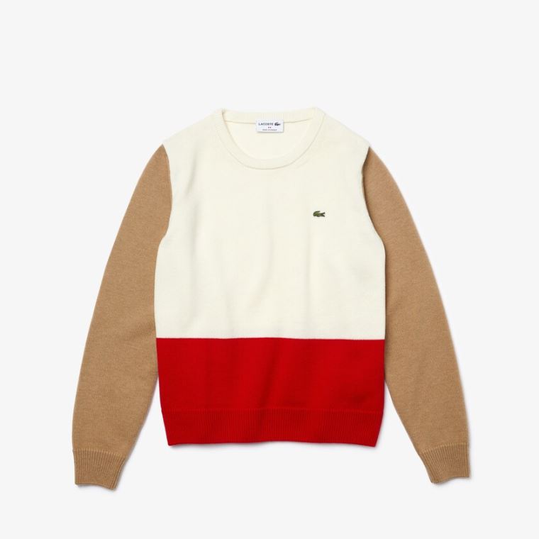 Lacoste Made in France Crew Neck Colourblock Wool Sweater Rød Hvide Beige | s8ChXOip