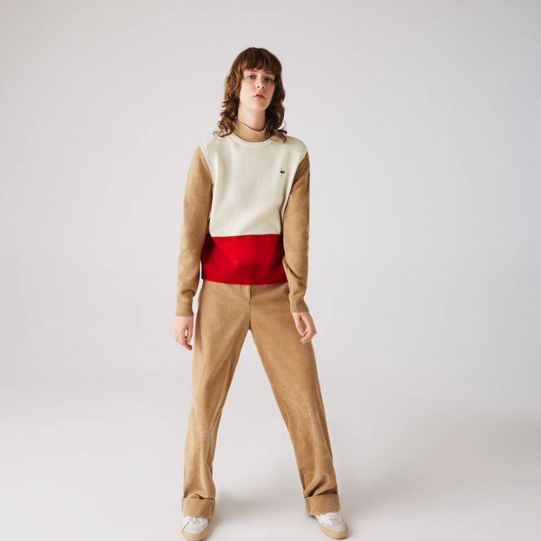 Lacoste Made in France Crew Neck Colourblock Wool Sweater Rød Hvide Beige | s8ChXOip